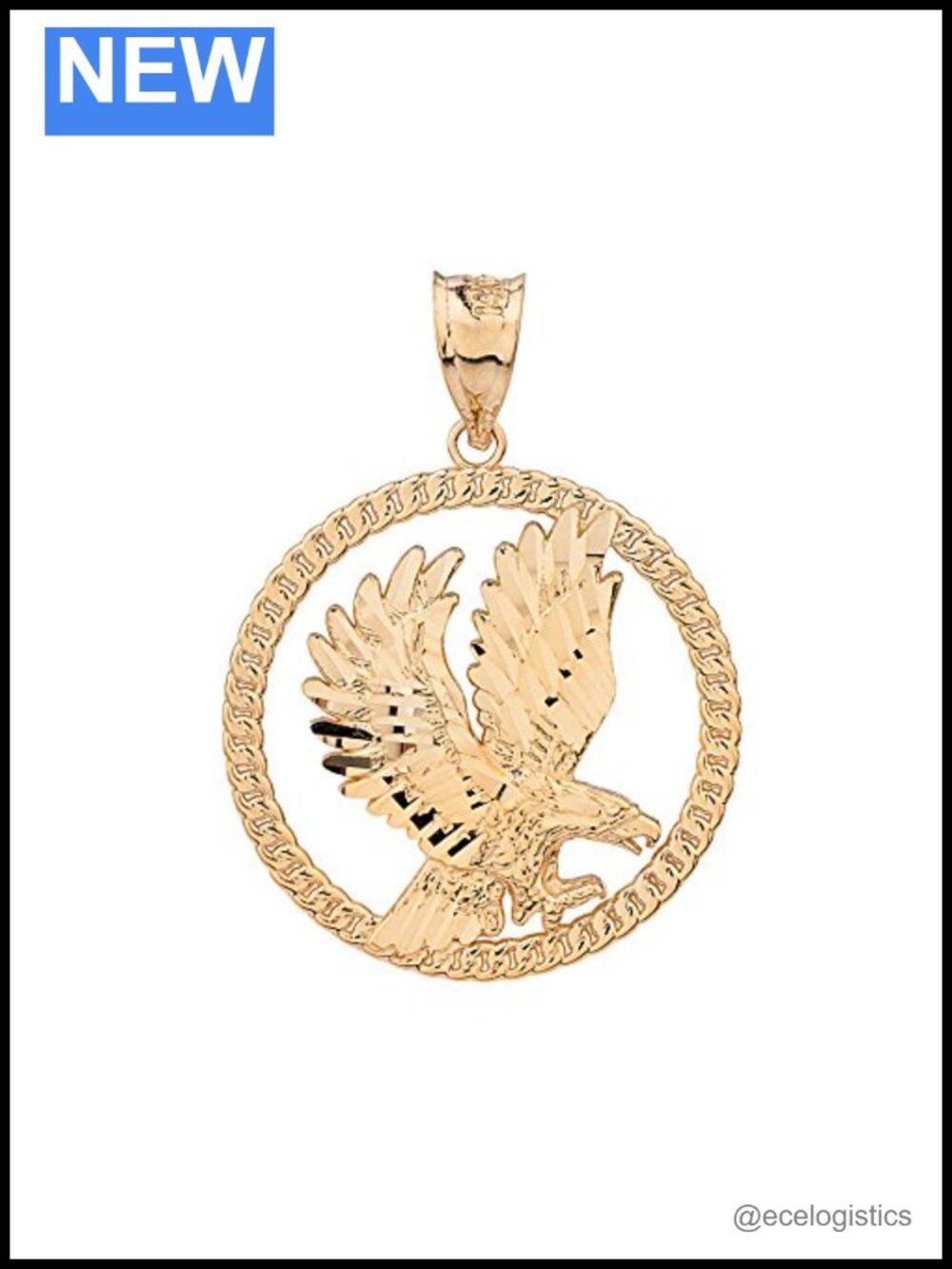 Solid 14k Yellow Gold American Eagle Round Rope Frame Pendant